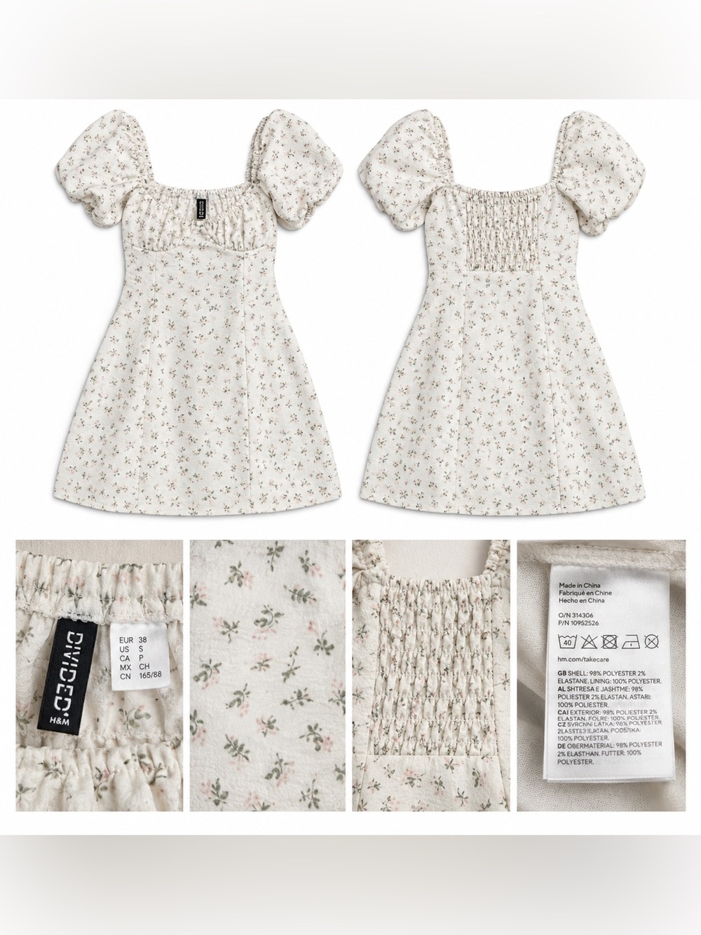 H&M Divided Women S Floral Mini Dress Puff Sleeve Corset Smocked Cottagecore